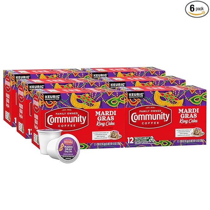 Community Coffee Mardi Gras King Cake Flavored 72 Count Coffee Pods Medium Roast Compatible with Keurig 2.0 K-Cup Brewers 72 Count (Pack of 6)