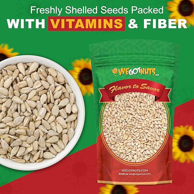 Raw Sunflower Seed Kernels by We Got Nuts - Premium Quality Kosher Shelled Sunflower Seeds - Natural &amp Healthy Fitness &amp Diet-Friendly Snack- Raw Shelled &amp Unsalted- Air-Tight Resalable B