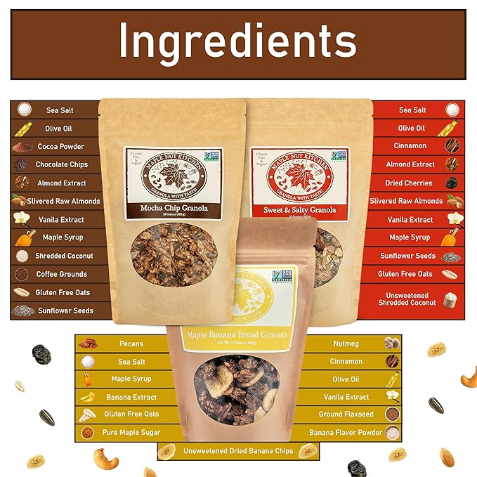 Maple Nut Kitchen Artisanal Granola Variety Pack - Maple Banana Bread Mocha Chip Sweet and Salty | 10 oz Each | Gluten-Free Vegan Delicious Breakfast Treats | 3-Pack