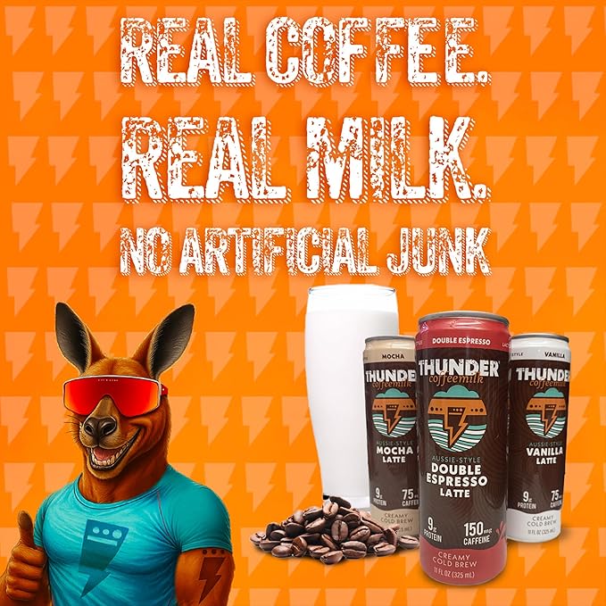 Thunder CoffeeMilk - 11 oz Aussie Style Cold-Brewed Latte Canned Coffee Iced Coffee Cans for Grab &amp Go Natural Protein-Rich 75-150mg Caffeine Energy Drink in Handy Cold Brew Cans 12 Variety Pac