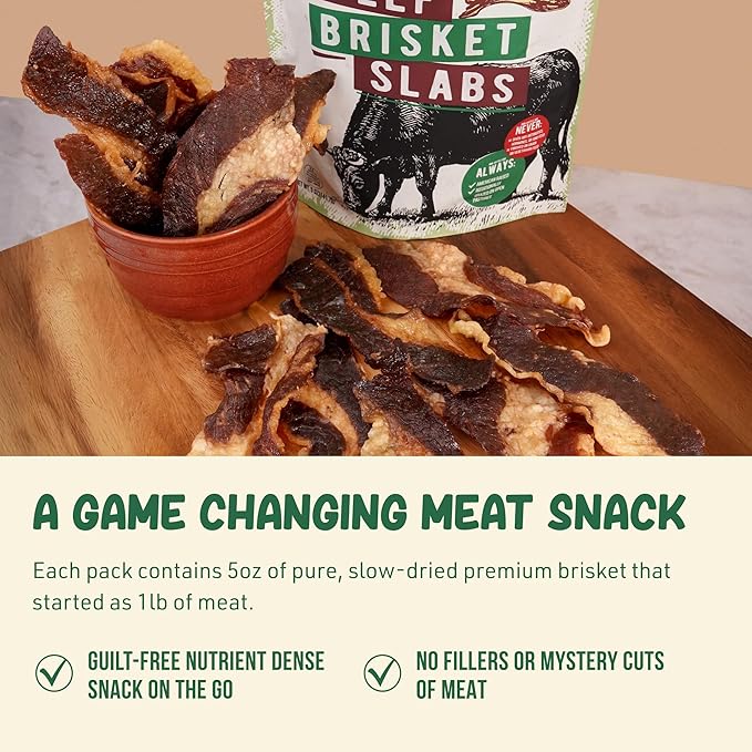 Grazly Beef Brisket Slab – Grass-Fed &amp Finished | Only Meat &amp Salt Soft &amp Buttery Texture | High-Protein Carnivore Snack | Made from 1lb Raw Brisket | 5oz On-the-Go Snack Pack