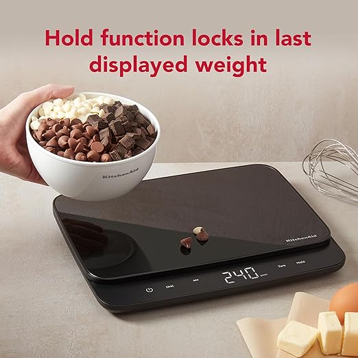 KitchenAid KQ917 High Capacity Glass Surface Digital Kitchen and Food Scale 30 Pound Capacity and Precision Grams Ounces Pounds Fluid Ounces &amp Milliliters LED Tare Function Black