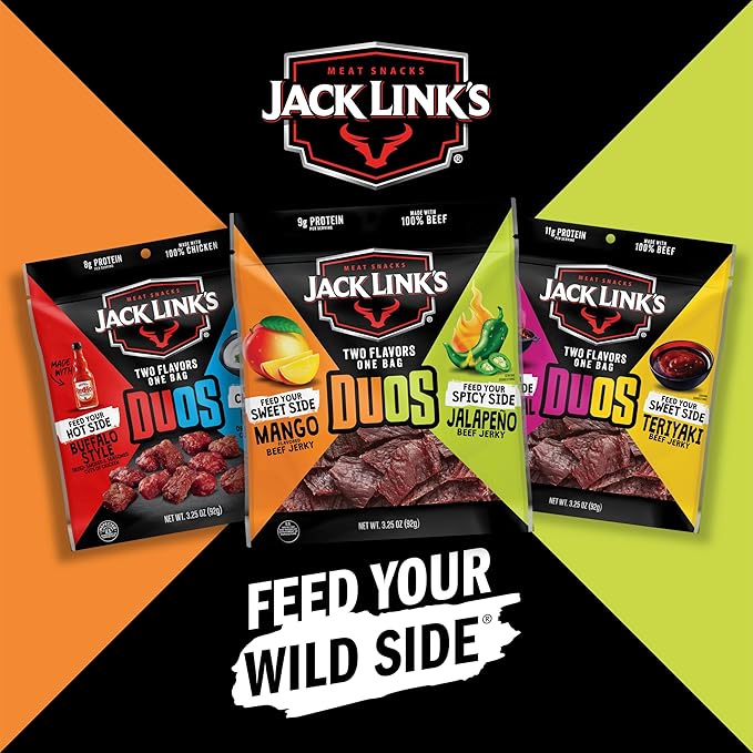Jack Link's DUOs Jalapeno and Mango Beef Jerky - (4 Pack) 3.25 oz Bags - Ready to Eat Protein Snacks - 9g Protein per Serving - Made with 100% Real Beef