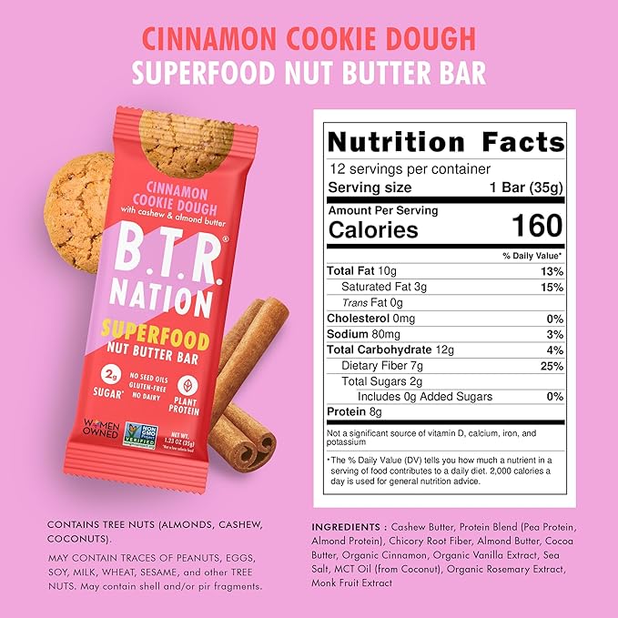 B.T.R. Nation Superfood Keto Protein Bars Plant Based Vegan Protein - Cinnamon Cookie Dough ENERGY | 12 Pack| Low Carb Low Calorie Gluten Free No Sugar Alcohols Boosted with Superfoods