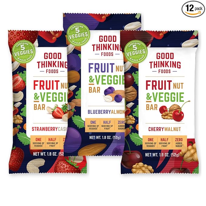 Good Thinking Foods Fruit &amp Veggie Bars - Variety Pack | Mediterranean Diet Snack Vegan Organic Fruit Real Vegetables High Fiber (12g) Healthy Fats Antioxidants No Added Sugar Great Tastin