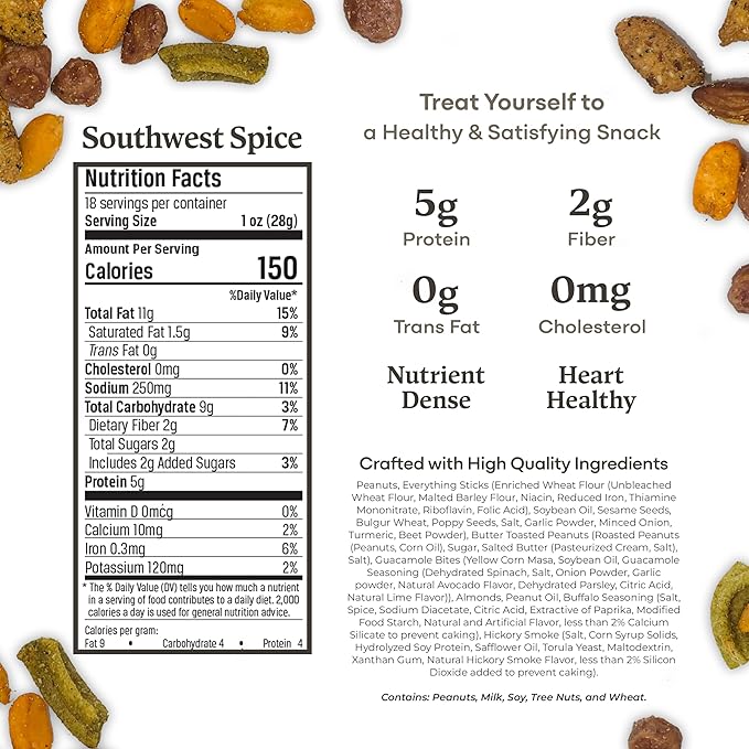 Belmont Peanuts Southwest Spice Bar Mix 18 oz (1 Pack) – Virginia Peanuts Buffalo Nuts Everything Sticks Smoked Almonds and Guacamole Bits – Simple Ingredients No Preservatives Hand Seasoned