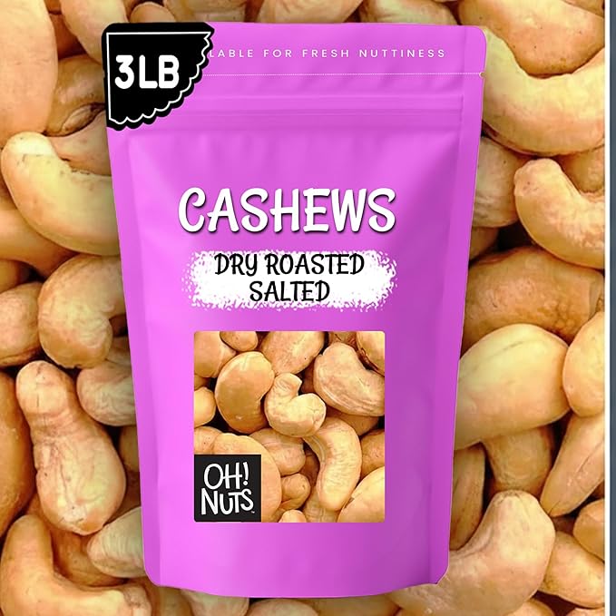 Oh! Nuts Cashews Roasted Salted - 3 lb - Oven Dry Roasted Cashews - Packed in New York Zip-Seal Bag for Exceptional Freshness