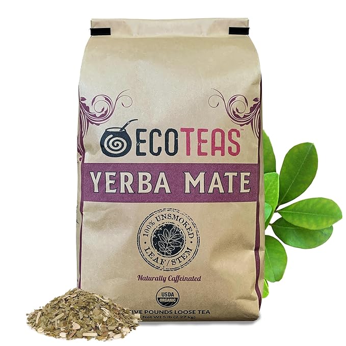 ECOTEAS Organic Yerba Mate Loose Leaf Tea – Unsmoked Detox Herbal Tea for Natural Energy – Coffee Alternative - Kosher Non-GMO Gluten-Free - Traditional Leaf-Stem Cut 5 lb