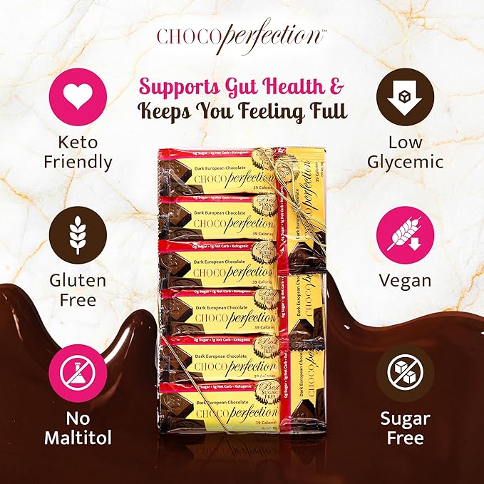 ChocoPerfection Sugar Free Dark Chocolate Bars – Keto-Friendly Gluten-Free and Vegan No Maltitol Fiber-Rich Low-Carb Snacks with Low Glycemic Impact European Taste Box of 30 Bars (10g Each)
