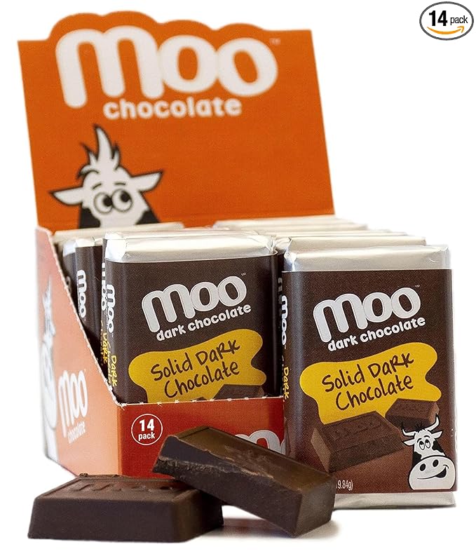 Moo Chocolates All Natural Solid Dark Chocolate Mini Bars 0.7 oz 14 ct (Pack of 1) | 100 Calorie Snacks for On-the-Go Lunchboxes Office