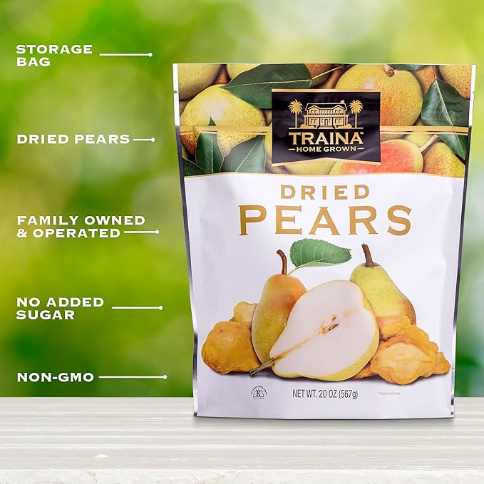 Traina Home Grown Sun Dried Pears - Healthy &amp Non-GMO Natural Sweet Flavor Fruit No Sugar Added Perfect Snack In Resealable Pouch (20 Oz)
