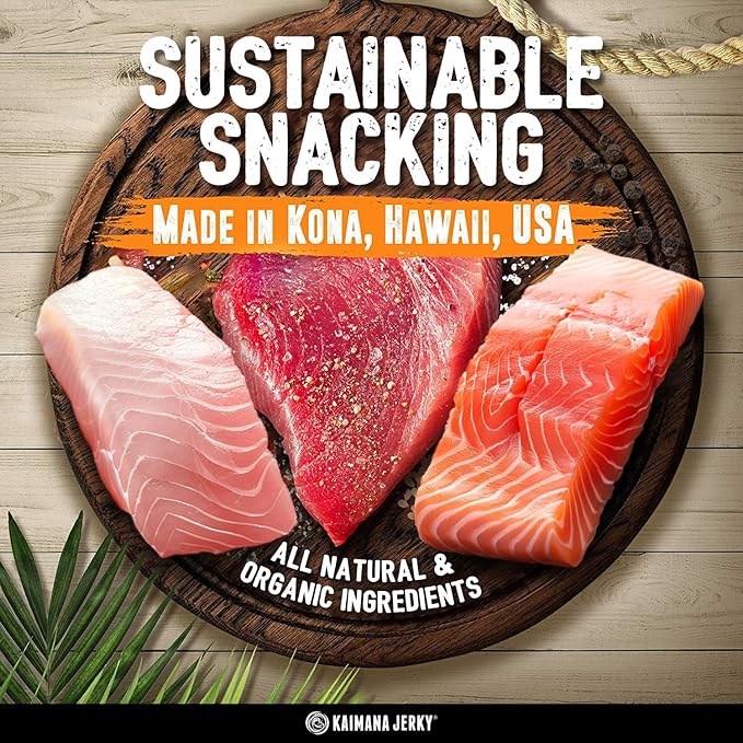 Kaimana Jerky Variety Pack - Ahi Tuna Salmon &amp Wahoo Ono Fish Jerky - All-Natural Wild-Caught Protein-Packed Omega-3 Rich - Made in Hawaii - 4 Bags Great Gift for Dad or Military Care Package