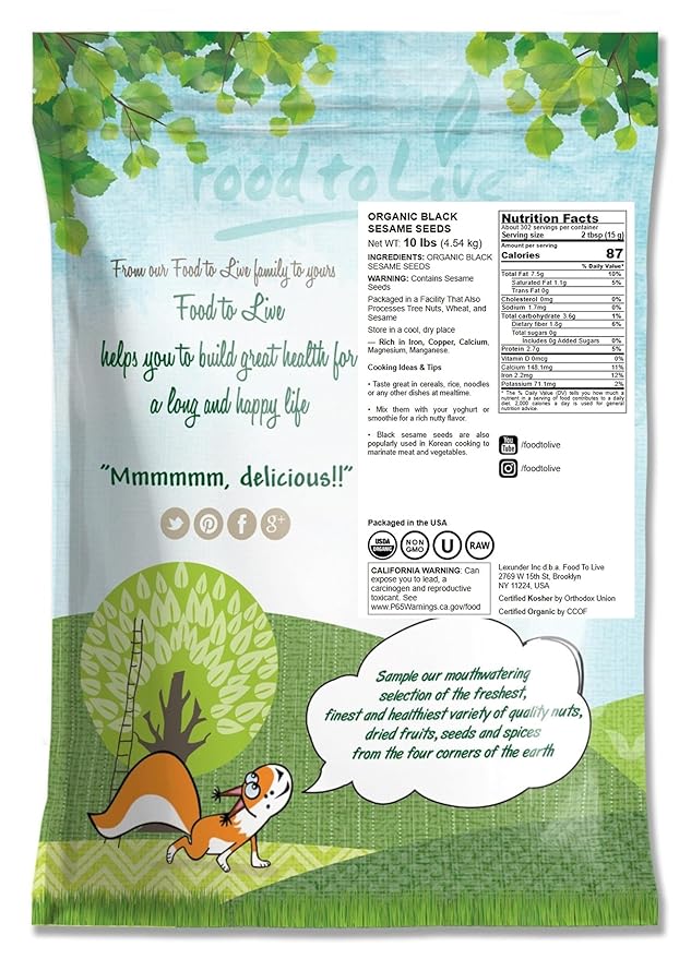 Food to Live Organic Black Sesame Seeds 10 Pounds Non-GMO Raw Unhulled Kala Til Seeds Unroasted Kosher Vegan Bulk. Good Source of Calcium Iron and Dietary Fiber. For Sesame and Tahini Paste.