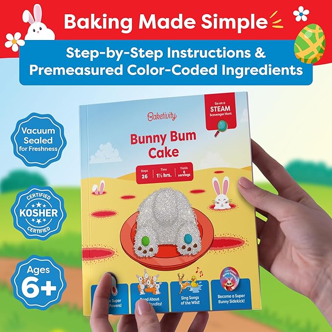 Baketivity Bunny Bum Cake - Kids Baking Kit with Premeasured Ingredients Step-by-Step Instructions STEM Lessons - Cake and Cupcake Decorating Kit for Kids - Cooking and Baking Kit - Best Easter Gift