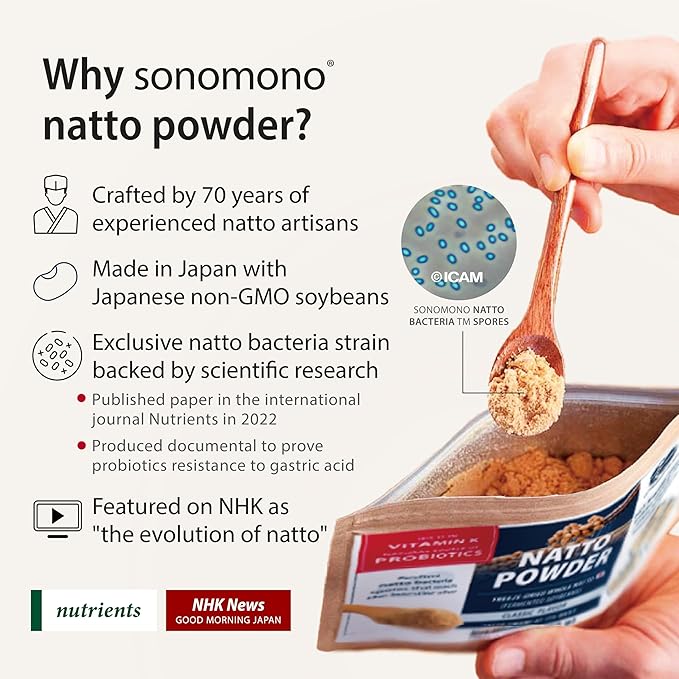 sonomono Japanese Natto Mild Flavor Fermented Soybean Powder. Traditional superfood Freeze-Dried Non-GMO Vegan. Natural Source of Probiotics Prebiotics Vitamin K. Made in Japan 60 g