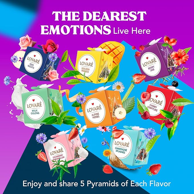 LOVARE Assorted Tea Pyramid Bags 45 Pack - Made in Ukraine - 9 Tastes of Tea Sampler Pyramids - Assortment with Black and Green Tea Fruits Flowers Berries - Flavored Gift Box