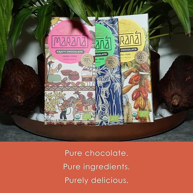 Maraná Chocolate 80% Cacao Variety Dark Chocolate 3 Pack - Peruvian Chocolate - Premium Bean-to-Bar Direct Sourced Made at Origin Single Origin Woman Owned BIPOC Owned Organic Award Winning -