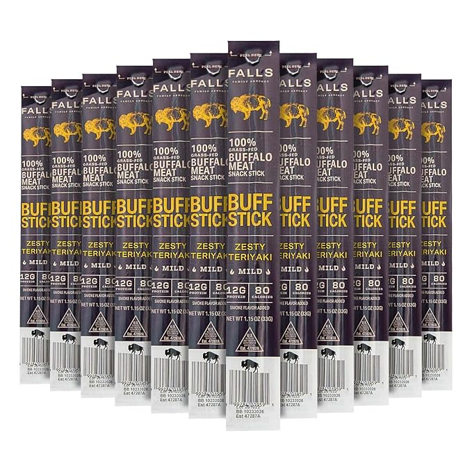 Grass-Fed Buffalo Meat Snack Sticks Zesty Teriyaki Sweet by Falls Family Ranches 12 Pack 1.15oz Stick Carton 12g Protein 2g Sugar 80 Calories