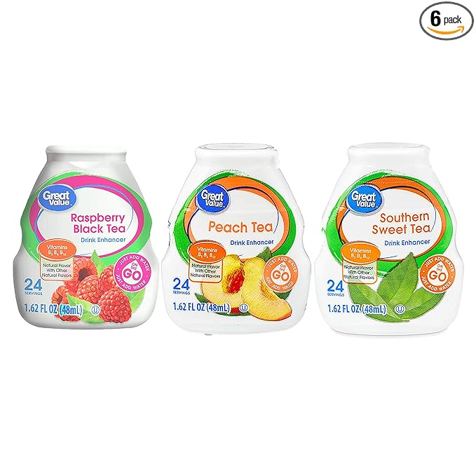 Great Value Liquid Flavor Enhancer Tea Selection - Southern Sweet tea Peach Raspberry-Black Tea. Sugar-Free t. 6 Bottles 1.62 oz each