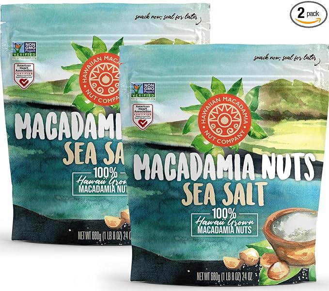 Hawaiian Macadamia Nut Company Dry Roasted Macadamia Nuts with Sea Salt 24 Oz (Pack of 2 Total 48-Ounce) Source of Fiber Gluten-Free and Certified Non-GMO Premium Quality Crunchy and Delicious