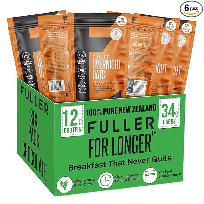 Delicious High Protein Chocolate Banana Overnight Oats - Nutritionist Designed FULLER For Longer With Low Sugar High Fiber &amp Slow Release Peanut Protein - Ziplock Portable - Glyphosate Free Oatme