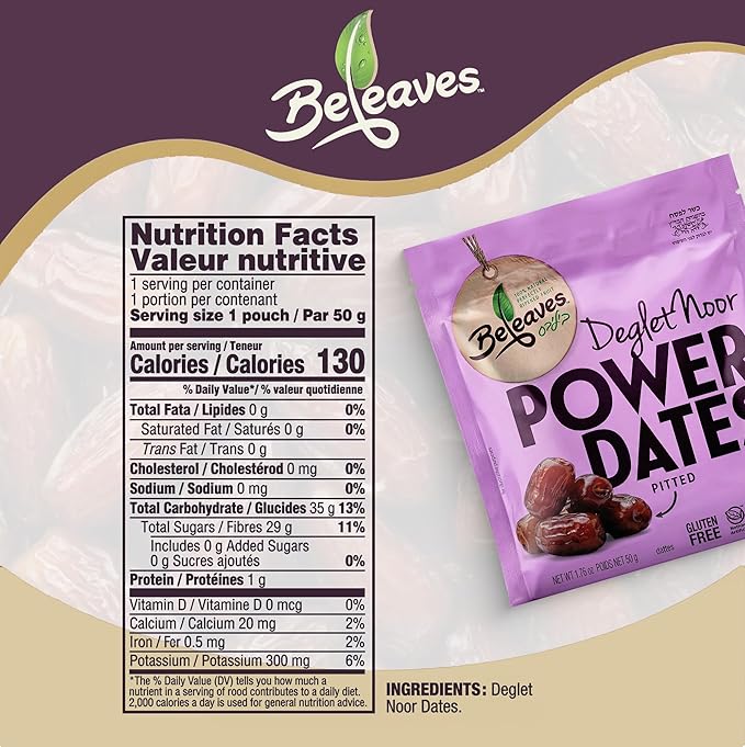 Beleaves Deglet Noor Pitted Power Dates 1.76 oz (12 Pack) | Single Serve Snack Pouches | Low Sodium High Fiber | Natural Energy Fruit Snack | No Added Sugar Gluten Free Vegan | Kosher