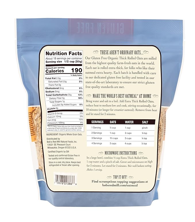 Bob's Red Mill Gluten Free Organic Extra Thick Rolled Oats 32oz (Pack of 4) - Non GMO Whole Grain Vegan Kosher