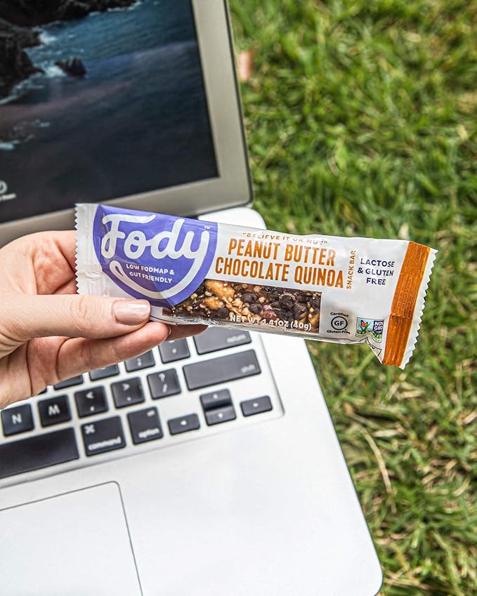 Fody Foods Snack Bars Peanut Butter Chocolate Quinoa 1.41 Oz (Pack of 12) 6g Protein Low FODMAP Gut &amp IBS Friendly Vegan Lactose Free Non-GMO Gluten Free