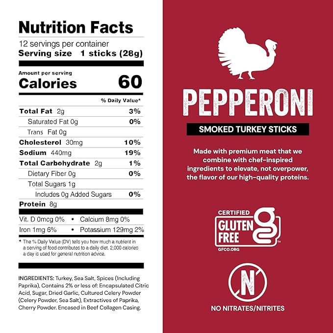 Chef’s Cut Real Turkey Jerky | Smoked Turkey Meat Sticks | High Protein Snack with 8 g Protein &amp 100 Calories Gluten Free Keto-Friendly| Pepperoni | 1 oz Stick (12-Count Bag)