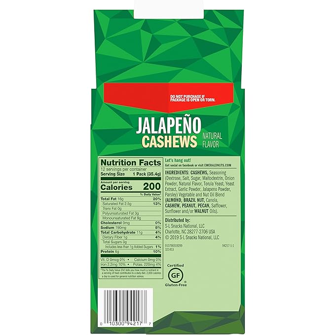 Emerald Nuts Jalapeno Seasoned Cashews 12 Ct (1-Pack) 1.25 Oz Individual Snack Tubes Plant-Based Protein Kosher Certified Non-GMO Contains No Artificial Preservatives Flavors or Synthetic Colors
