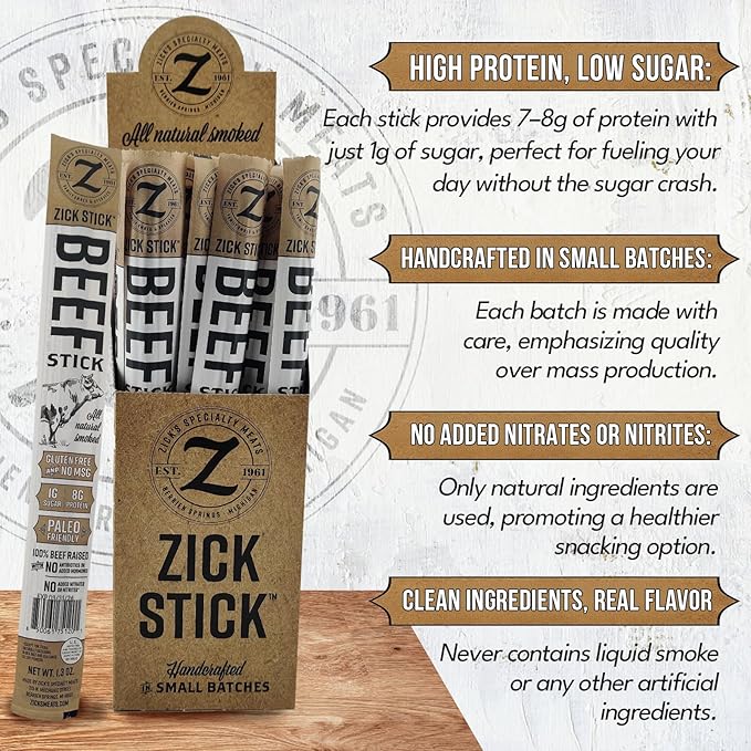 Zick's Hardwood Smoked Original Beef Meat Snacks 1.3oz | Gluten-Free Paleo Friendly No Hormones or MSG High Protein Clean Ingredients On-the-Go Individually Wrapped Sticks | Beef - 12 Pack