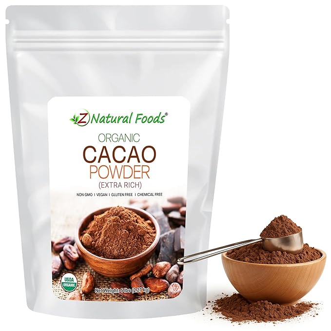 Z Natural Foods Organic Cacao Powder - Unsweetened Nutrient-Dense Superfood for Healthy Aging - Extra-Rich Dark Chocolate Flavor Perfect for Chocolate Recipes Shakes or Smoothies 5 lbs