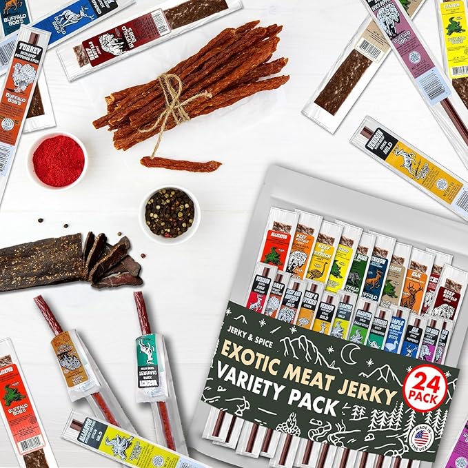 Buffalo Bob's Wild Game Meat Snacks (24 pack) | Beef Jerky Assortment Pack of Flavorful Strips &amp Sticks | Snacks Variety Pack for Adults | Exotic Jerky | Ideal Gifts for Anniversary Camping Hunt