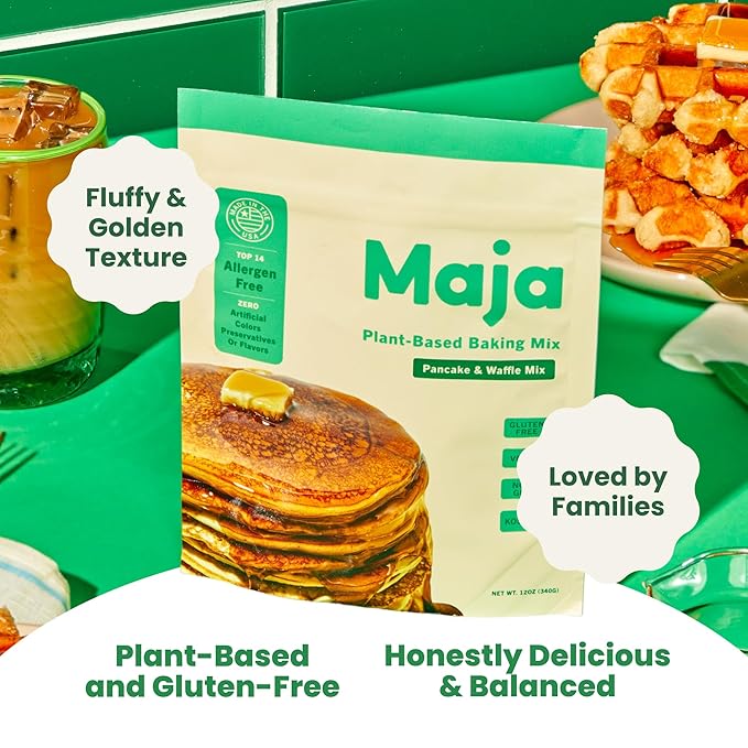 Maja Plant-Based Pancake &amp Waffle Mix Pack of 3| Gluten-Free Top 14 Allergen-Free Dairy &amp Egg Free | Quick-Mix Batter for Fluffy Pancakes &amp Crispy Waffles | Clean Ingredients No Artifi