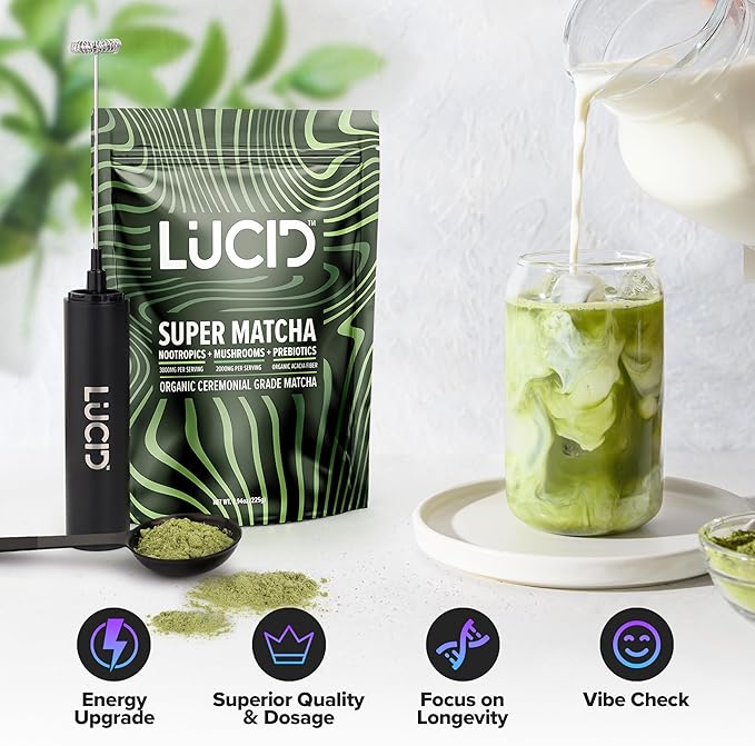 Lucid Superfood Organic Mushroom Matcha with Nootropics - Lion's Mane Tremella Cordyceps &amp Turkey Tail - Instant Mushroom Matcha Focus Brain Health - Alpha GPC L-Theanine Ginko Biloba - USA Ma