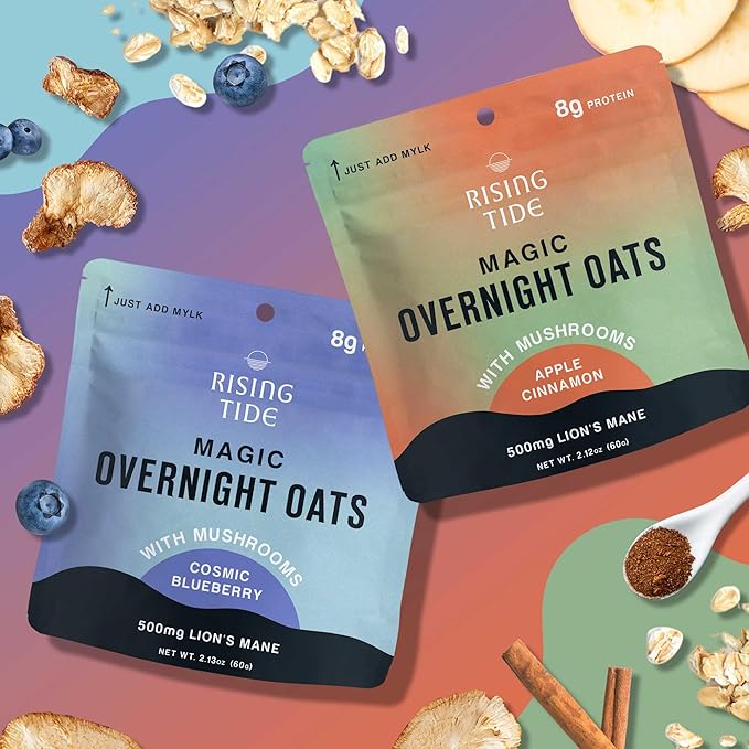 Mushroom Overnight Oats (6 Pack) Superfood Lions Mane Mushroom Chia &amp Flax Seed - Organic Protein Oatmeal - High Fiber Vegan Gluten Free Low Sugar - Easy Prep Plant Protein - Apple Cinnamon &a