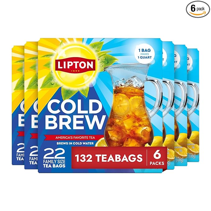 Lipton Cold Brew Black Tea Bags Family Size 6-Pack 132 Total Bags Rainforest Alliance Certified Iced Tea Bags for Smooth Crisp Refreshing Cold Brewing Experience
