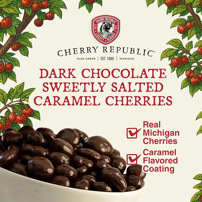 Cherry Republic Sweetly Salted Caramel Dark Chocolate Covered Cherries - 12oz Bag Dried Montmorency Salted Caramel Dark Chocolate Cherries Gourmet Candy Gift or Snack Resealable Made in USA