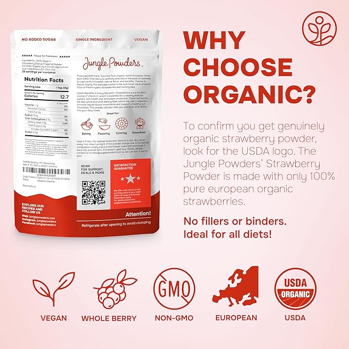 Jungle Powders Strawberry Powder Organic 5 Ounce Bag Freeze Dried Dehydrated Powdered Strawberries Strawberry Seasoning for Baking and Decorating Dry Fruit Extract