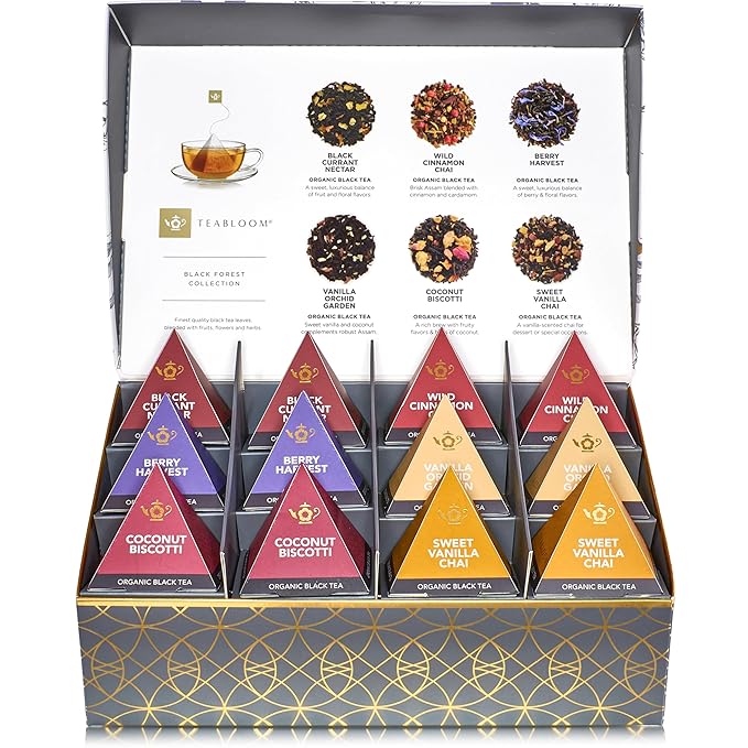 Teabloom Organic Black Forest Pyramid Tea Presentation Box 12 Assorted Black Tea Blends USDA Certified Organic Whole-Leaf Pyramid Tea Sachets