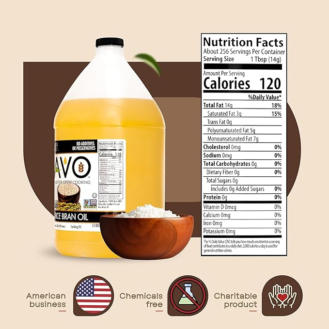 AVO Rice Bran Oil for Cooking or Frying 1 Gallon NON-GMO No Preservatives High Smoke Point 490°F Rice Oil