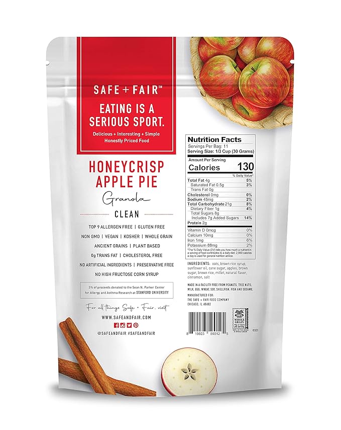Safe + Fair Honeycrisp Apple Pie Granola – Gluten-Free Vegan &amp Plant-Based Snack with Real Honeycrisp Apples Whole Grains Non-GMO Kosher No Preservatives - 12oz 6 Pack