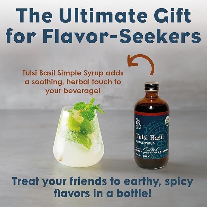 Bluestem Botanicals Organic Tulsi Basil Simple Syrup 8 oz Cocktail and Mocktail Mixer for Drinks Non-Alcoholic