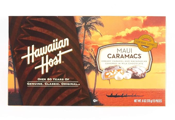 Hawaiian Host Maui Caramacs Creamy Caramel and Macadamias Covered in Milk Chocolate. (2 (6 oz) Boxes)