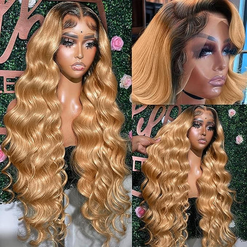 250% density 13x6 Honey Blonde Lace Front Wigs Human Hair 13x6 Body Wave Lace Front Wig Human Hair Wigs for Women Ombre HD Transparent Lace Frontal Wig Pre Plucked with BabyHair 30 Inch