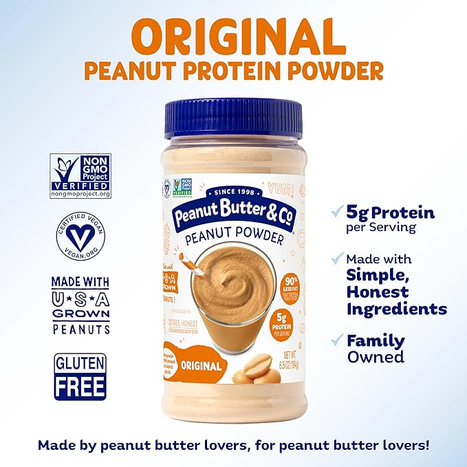 Peanut Butter &amp Co. Original Peanut Powder 5g Protein 0g Sugar Added 50 Calories per Serving 90% Less Fat Non-GMO Project Verified Vegan &amp Gluten Free Peanut Butter Powder 6.5 oz Jars (