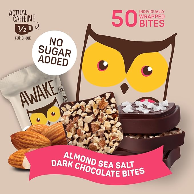 AWAKE - Caffeinated Chocolate Bites - 50mg of Caffeine - Bite-Size Energy Bars - Low-Calorie Snacks - Keto - Gluten-Free - Non-GMO - Coffee Alternative - Almond Sea Salt Dark Chocolate - 50 Bites