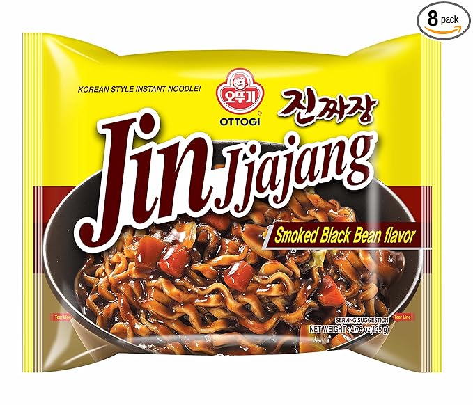 OTTOGI JIN Jjajang Korean Instant Noodles – Black Bean Sauce Ramen Chewy Noodles 4.76 oz (Pack of 8)