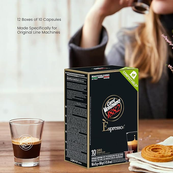 Caffe' Vergnano 1882 120 Count Oro Original Line Machine Compatible Compostable Expresso Capsules Arabica Medium Roast Coffee Pods with notes of Vanilla and Milk Chocolate Intensity 4/10