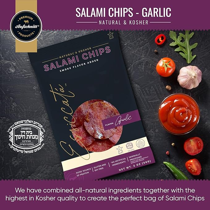 Aufschnitt Meats Kosher Salami Chips - Sliced Sausage Charcuterie Meat - Natural Friendly - 2 oz Garlic 5 Pack